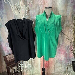 VTG 📌2 Silky Satin Vibrant Green & Black Draped Style V-Neckline Sleeveless Top